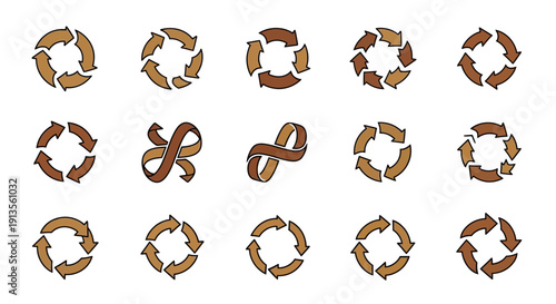 Brown recycling arrow icons set. Sustainable circular process and eco-friendly continuous loop symbols.
