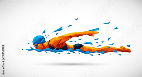 Polygonal Swimmer Illustration – Dynamic Freestyle Swimming with Splash Effect, Low Poly Athlete in Motion, Sports Vector