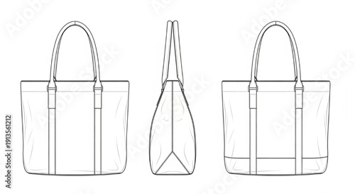 Women’s Leather Handbag Technical Flat Illustration – Front and Side Views with Handles, Straps, Hardware, and Dimensions
