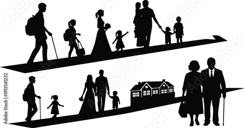 Family Silhouettes Journeying to Their Dream Home Together