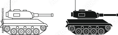 Military heavy tank silhouette set featuring armored combat vehicles, war machines, and tactical army transport for battlefield and defense industry