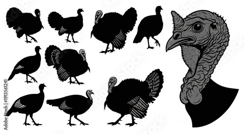 Turkey Vector Silhouettes – Poultry Birds, Domestic and Wild Turkeys, Isolated Icons for Holiday and Farm Designs