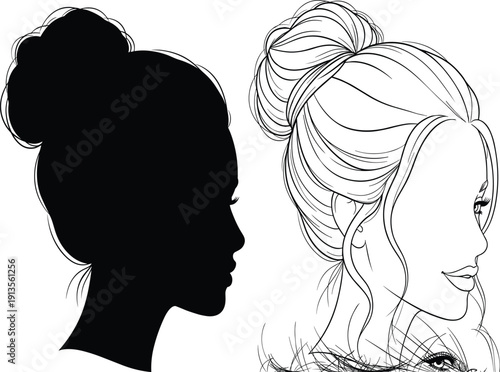 Split showing a black silhouette profile of a woman with an updo next to a detailed line of a woman with styled hair and makeup