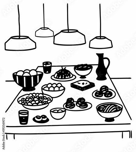 Ramadan iftar dinner table setting with lanterns and traditional food