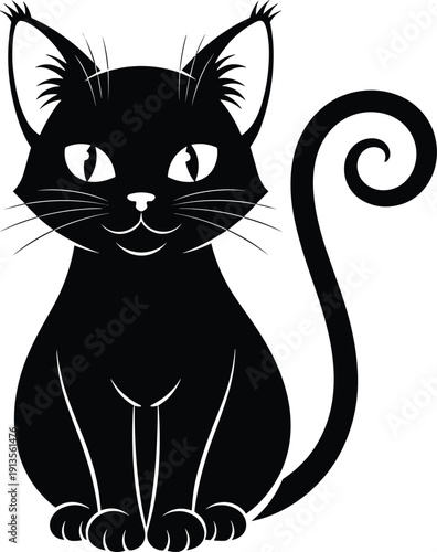 Stylized black cat with large eyes and a curled tail sitting upright and looking forward feline animal