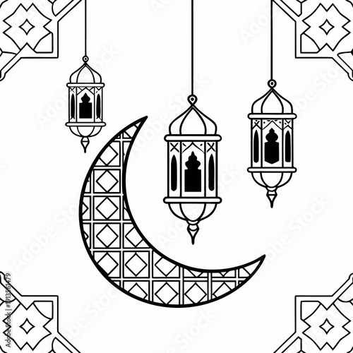 Islamic crescent moon lanterns Ramadan decoration vector seamless pattern