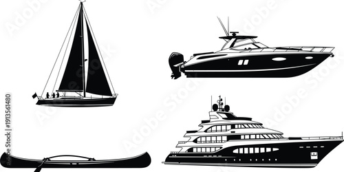 Sailing boat silhouette set with luxury motor yacht, modern powerboat, sailboat, and canoe for maritime travel and ocean nautical adventures, cad drawing flat vector illustration