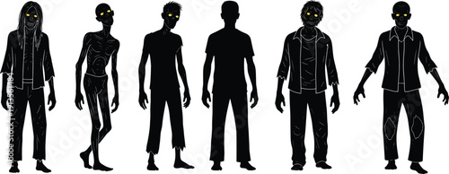 Scary zombie character silhouette set with glowing yellow eyes, creepy undead monsters, walking dead silhouettes for horror Halloween party designs,