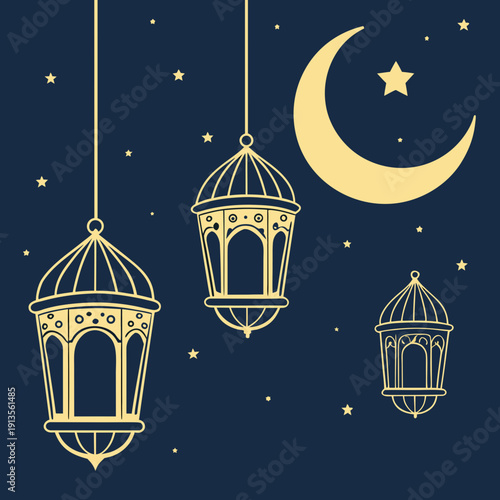 Ramadan lanterns hanging under crescent moon and star night sky background