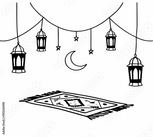 Ramadan lanterns hanging over open Quran with crescent moon illustration