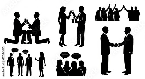 Romantic people silhouette set showing proposal, love gestures, gift exchange, wine toast, and conversation moments isolated on white background
