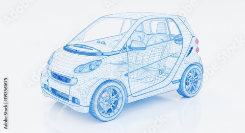 Blueprint of a modern compact car on a white background.
