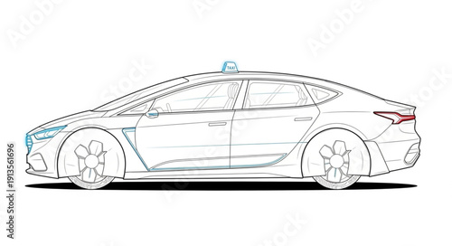 Modern Electric Sedan Car Blueprint Sketch.