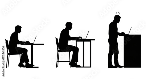 Office Workers Vector Silhouettes – Male and Female Employees Using Laptops, Sitting, Standing, and Working at Desks