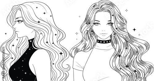 Stylized line of two young women with long wavy hair adorned with stars and celestial line woman girl