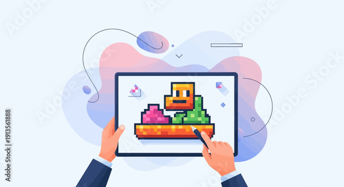 Pixel art game development on a tablet with stylus, digital drawing and design