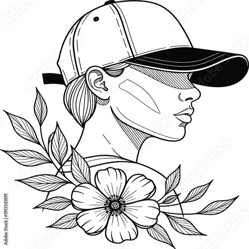 Stylized line portrait of a woman wearing a baseball cap adorned with leaves and a single flower in profile view