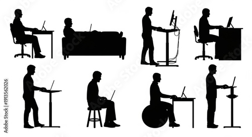 Office Work Posture Silhouette Set – Men and Women Sitting, Standing, Using Laptops at Desks, Couch, and Workstations, Ergonomics Concept