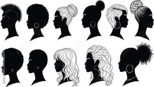 Ten black female profile silhouettes featuring diverse hairstyles including afros, buns, and styled hair, with some adorned with earrings and necklaces