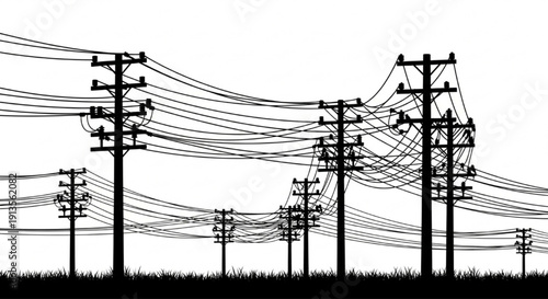 High-Voltage Power Transmission Towers – Electric Utility Lines and Detailed Energy Grid Structures, CAD Drawing Flat Vector Illustration