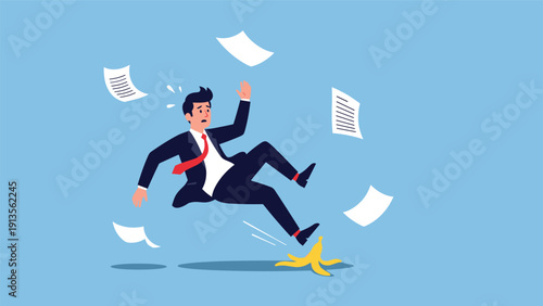 Businessman in a formal suit slipping on a yellow banana peel with several white papers flying around him in the air.