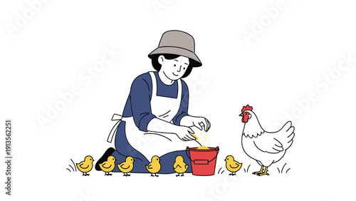 Farm woman in a hat and apron kneeling on the ground feeding a white hen and several small fuzzy yellow baby chicks.
