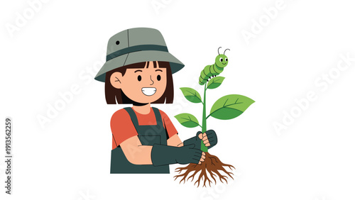 Happy young girl in a sun hat and gloves planting a small green sprout with a tiny green caterpillar crawling on it.