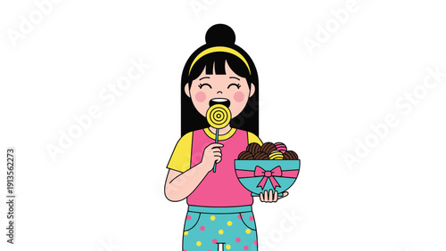 Young girl with a yellow headband happily eating a lollipop and holding a bowl of various chocolate candies on white.