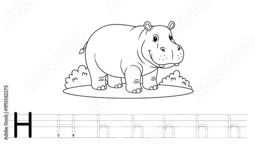 Educational coloring page for kids featuring a cute hippopotamus with a tracing guide for the uppercase letter H.