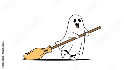 Happy little ghost character joyfully flying through the air while riding on a wooden witch's broomstick on white.