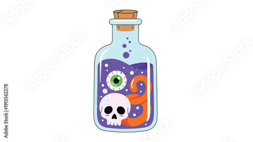 Glass bottle containing a bubbling purple magic potion with a human skull, glowing eyeball, and an orange snake.