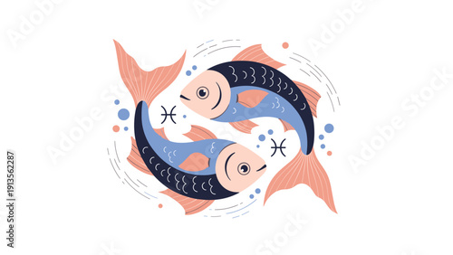 Artistic representation of the pisces zodiac sign featuring two fish swimming in opposite directions with symbols.