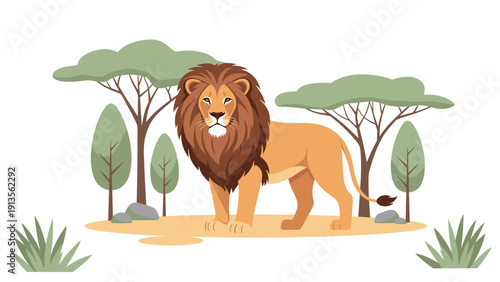 Majestic male lion standing in a savanna landscape with acacia trees and shrubs on a clean white background for wildlife.