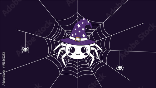 Adorable white spider wearing a purple wizard's hat with stars sitting in the center of a large web at night.