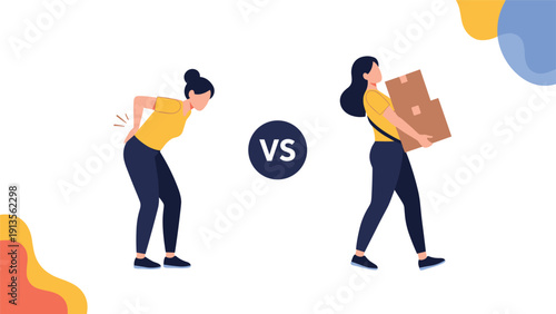 Comparative illustration of a woman with back pain due to poor posture versus correct lifting technique for heavy boxes.