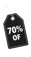 A black tag with a white border and a gold circle at the top with 70 percent off written on it isolated on transparent background