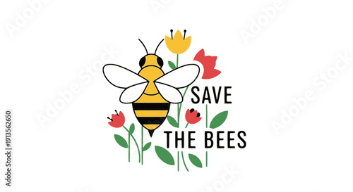 Flat vector illustration of a bee with flowers and Save the Bees text for eco awareness, pollinator protection, posters, banners, social media and green branding design.