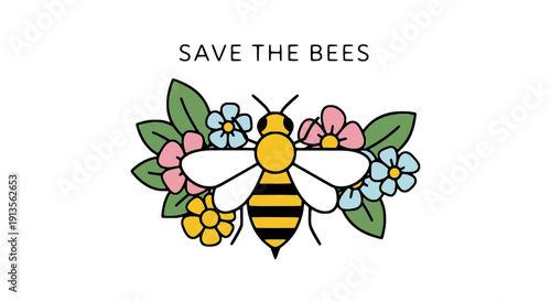 Flat vector illustration of a bee with flowers and Save the Bees text for eco awareness, pollinator protection, posters, banners, social media and green branding design.