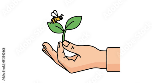 Flat vector illustration of a hand holding a tiny plant with a bee, symbolizing growth, eco care and pollinator protection for sustainability, nature and green design projects.