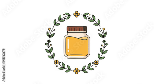 Flat vector illustration of a honey jar with round floral arrangement, perfect for natural food, organic branding, beekeeping, packaging, label and eco lifestyle design.