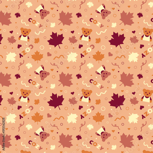 Konstfotografi Autumn bear and maple leaves illustration pattern on pale orange background