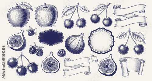 Large set of summer fruit stickers with playful cartoon illustrations of watermelon, papaya, banana, cherry, strawberry and other fresh colorful fruits on orange background