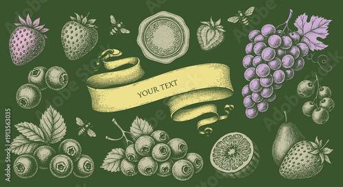 Large set of summer fruit stickers with playful cartoon illustrations of watermelon, papaya, banana, cherry, strawberry and other fresh colorful fruits on orange background