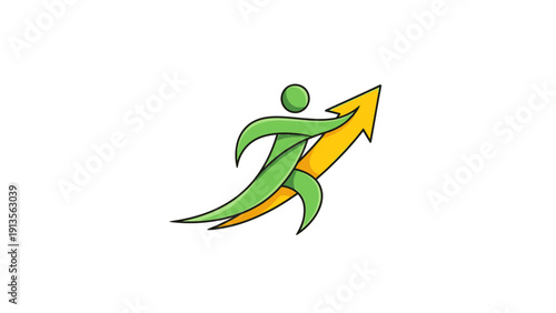 Abstract Human Figure Riding an Upward Arrow Symbolizing Growth.