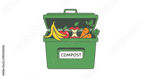 Green compost box with organic food waste flat vector illustration for recycling, zero waste lifestyle, eco sustainability, home composting and environmental design projects.