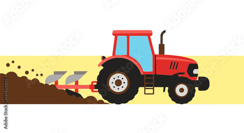 Flat vector illustration of a tractor plowing soil in a farm field, ideal for agriculture, farming, cultivation, rural industry, planting and sustainable food production.