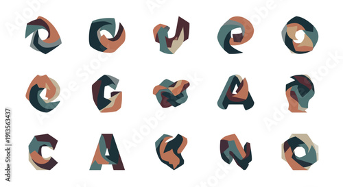 Abstract colorful geometric shapes and fragmented letters in a modern design grid