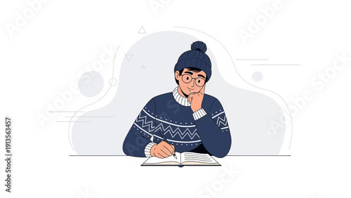 Young Person Writing in Notebook, Winter Hat and Sweater, Focused Thought