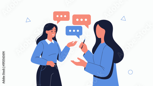 Two women talking with speech bubbles, communication concept, flat design.