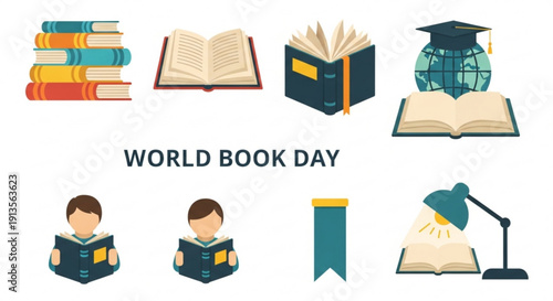 World Book Day Celebration with Books and Reading Icons